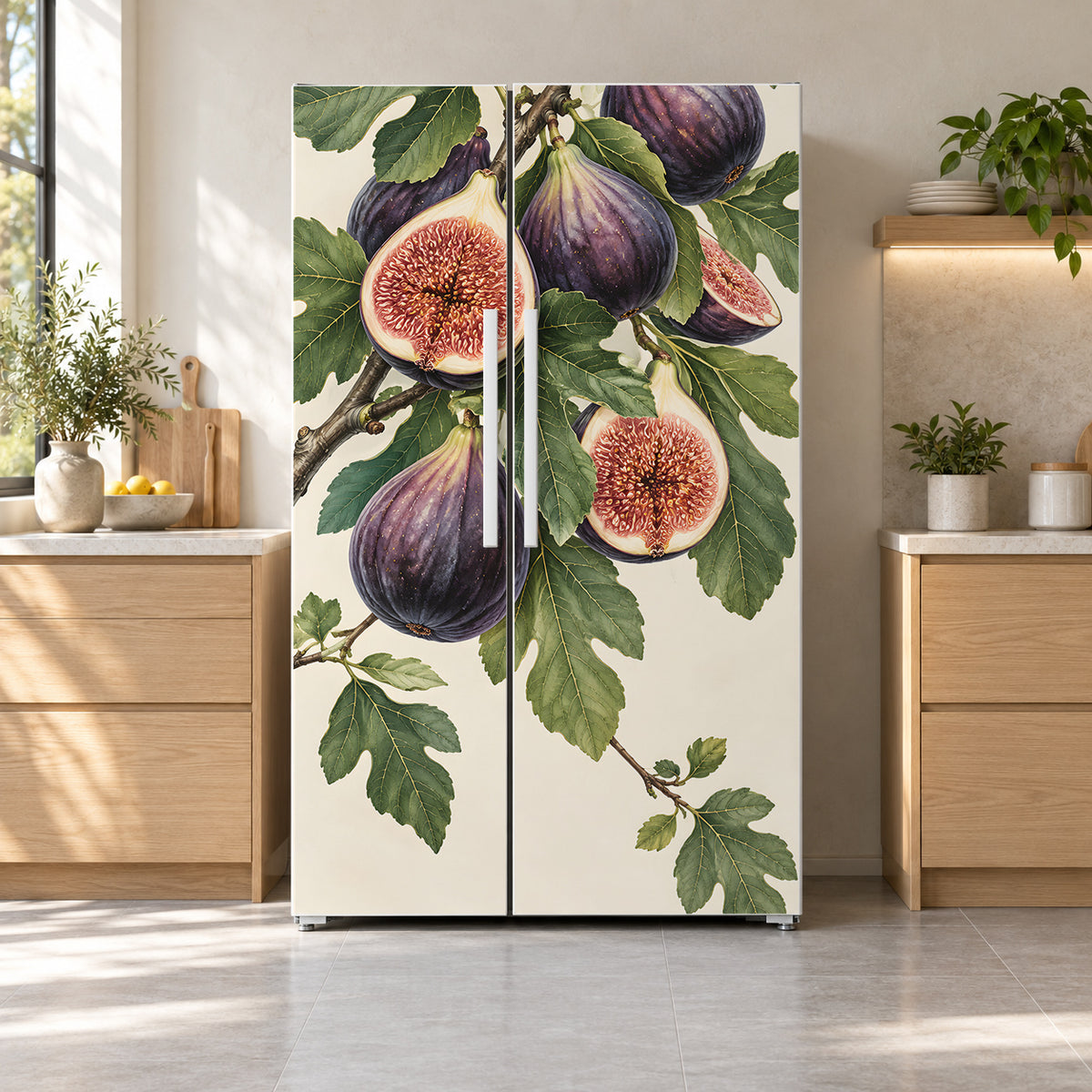 Purple Figs fridge wrap on a side-by-side refrigerator