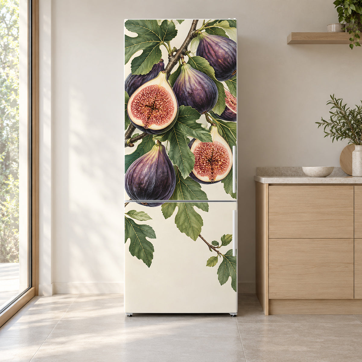 Purple Figs fridge wrap on a white refrigerator in a bright kitchen