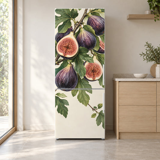 Purple Figs fridge wrap on a white refrigerator in a bright kitchen