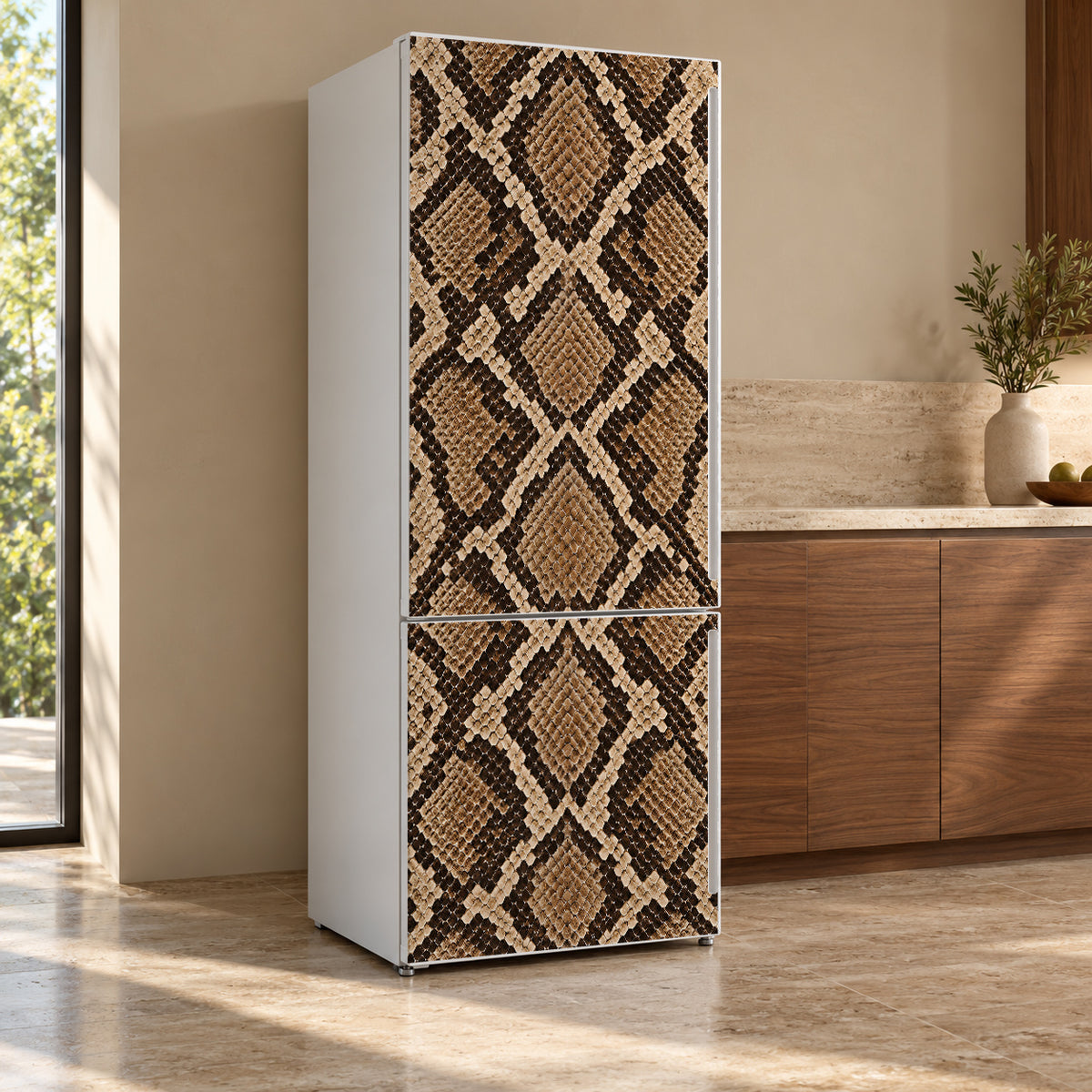 Python Snakeskin Print fridge wrap, refrigerator shown at an angle