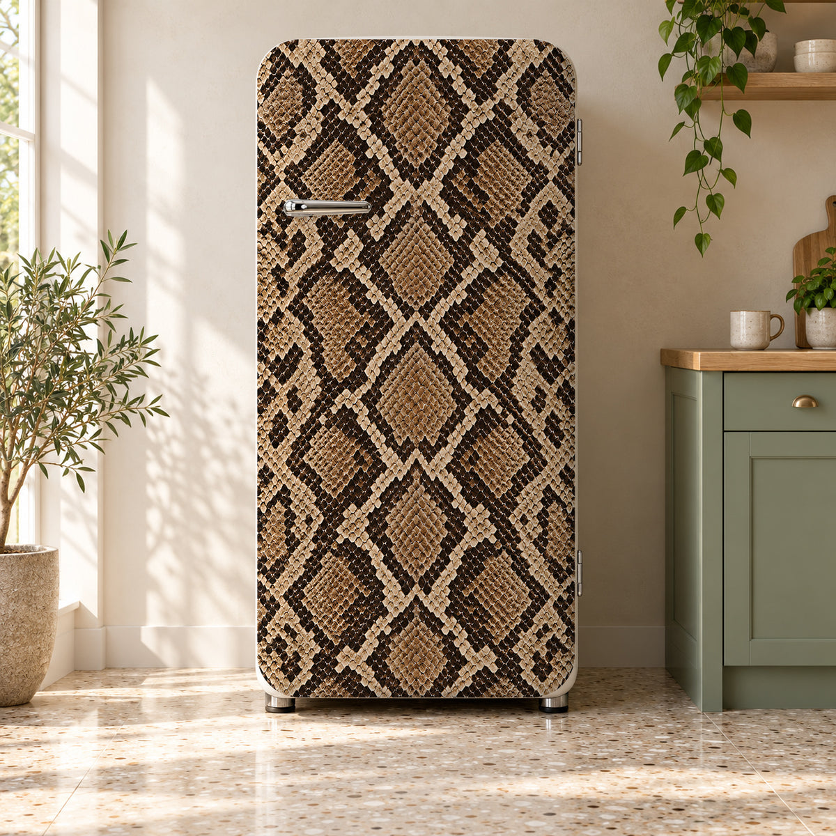 Python Snakeskin Print fridge wrap on a retro refrigerator