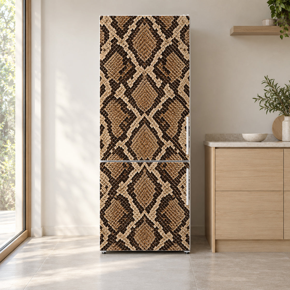 Python Snakeskin Print fridge wrap on a white refrigerator in a bright kitchen