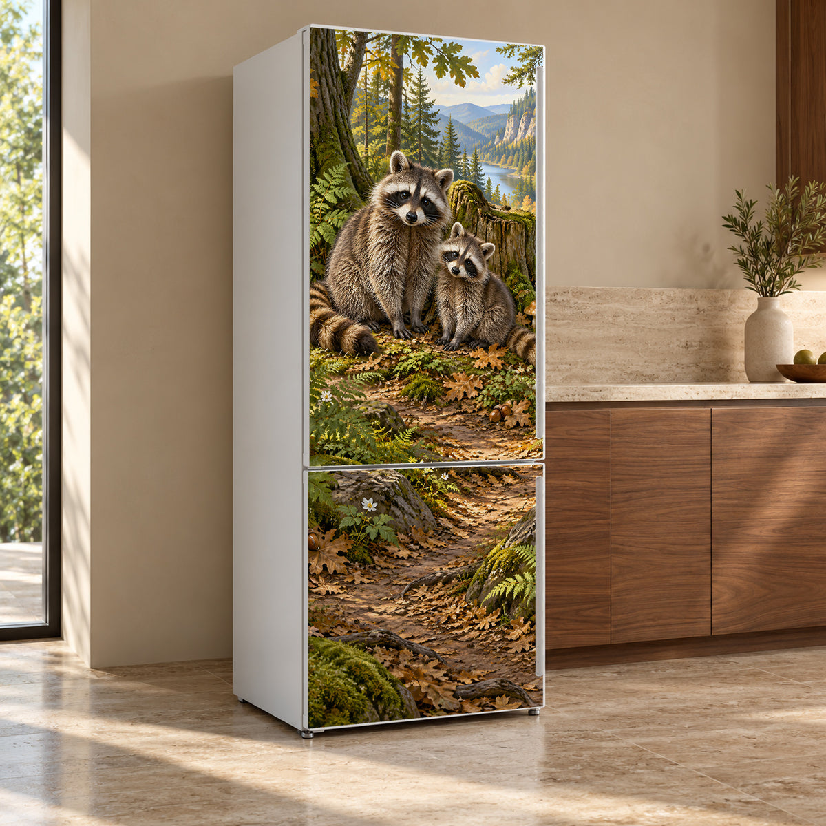 Raccoons fridge wrap, refrigerator shown at an angle