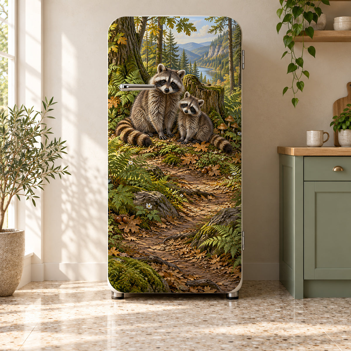 Raccoons fridge wrap on a retro refrigerator