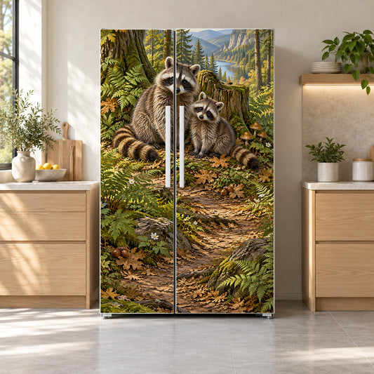 Raccoons fridge wrap on a side-by-side refrigerator