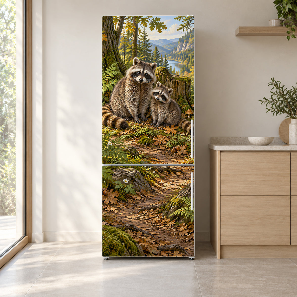 Raccoons fridge wrap on a white refrigerator in a bright kitchen