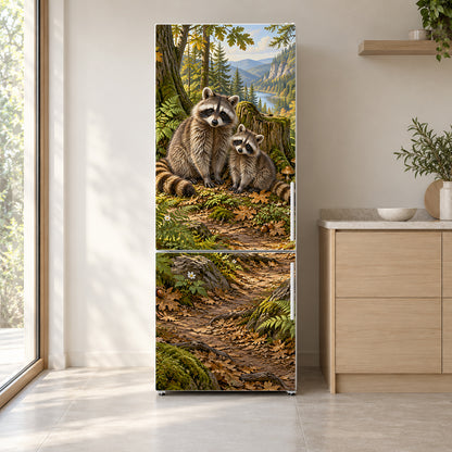 Raccoons fridge wrap on a white refrigerator in a bright kitchen