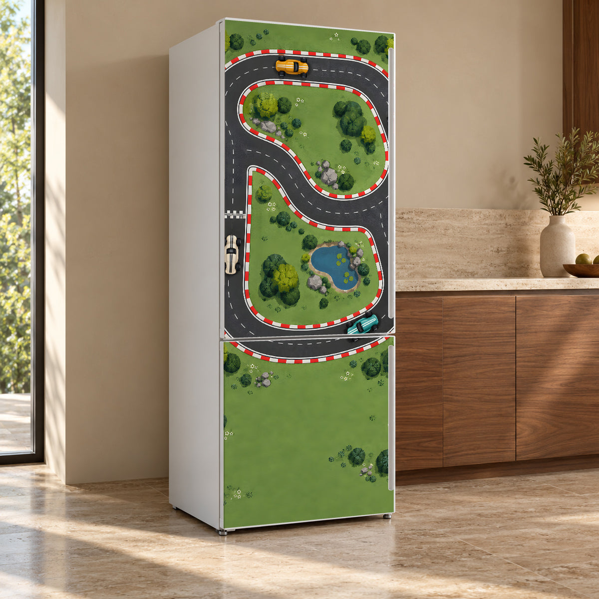 Race Car Track fridge wrap, refrigerator shown at an angle