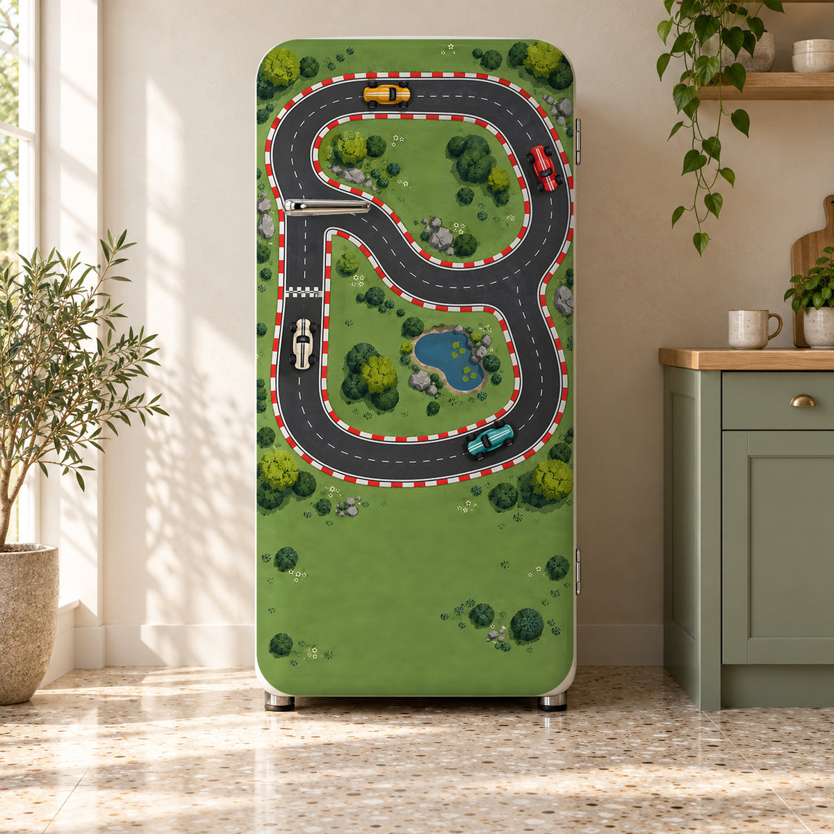 Race Car Track fridge wrap on a retro refrigerator