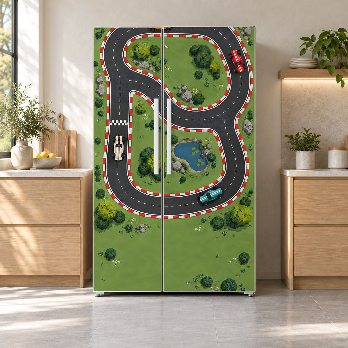 Race Car Track fridge wrap on a side-by-side refrigerator