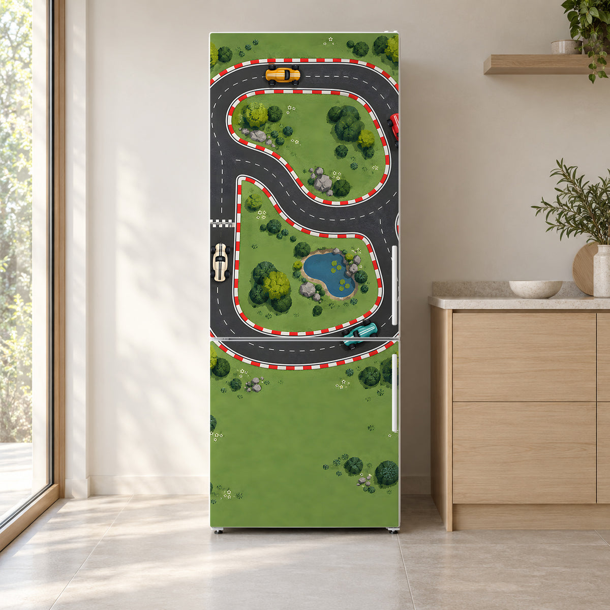 Race Car Track fridge wrap on a white refrigerator in a bright kitchen