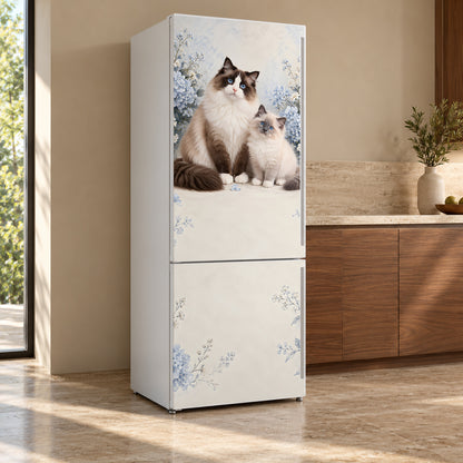 Ragdoll Cats fridge wrap, refrigerator shown at an angle