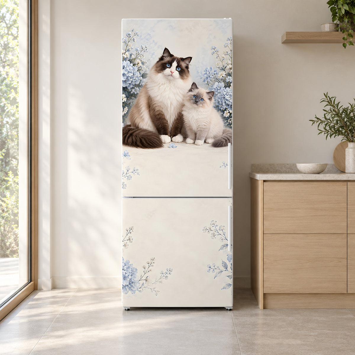Ragdoll Cats fridge wrap on a white refrigerator in a bright kitchen