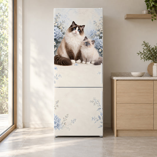 Ragdoll Cats fridge wrap on a white refrigerator in a bright kitchen