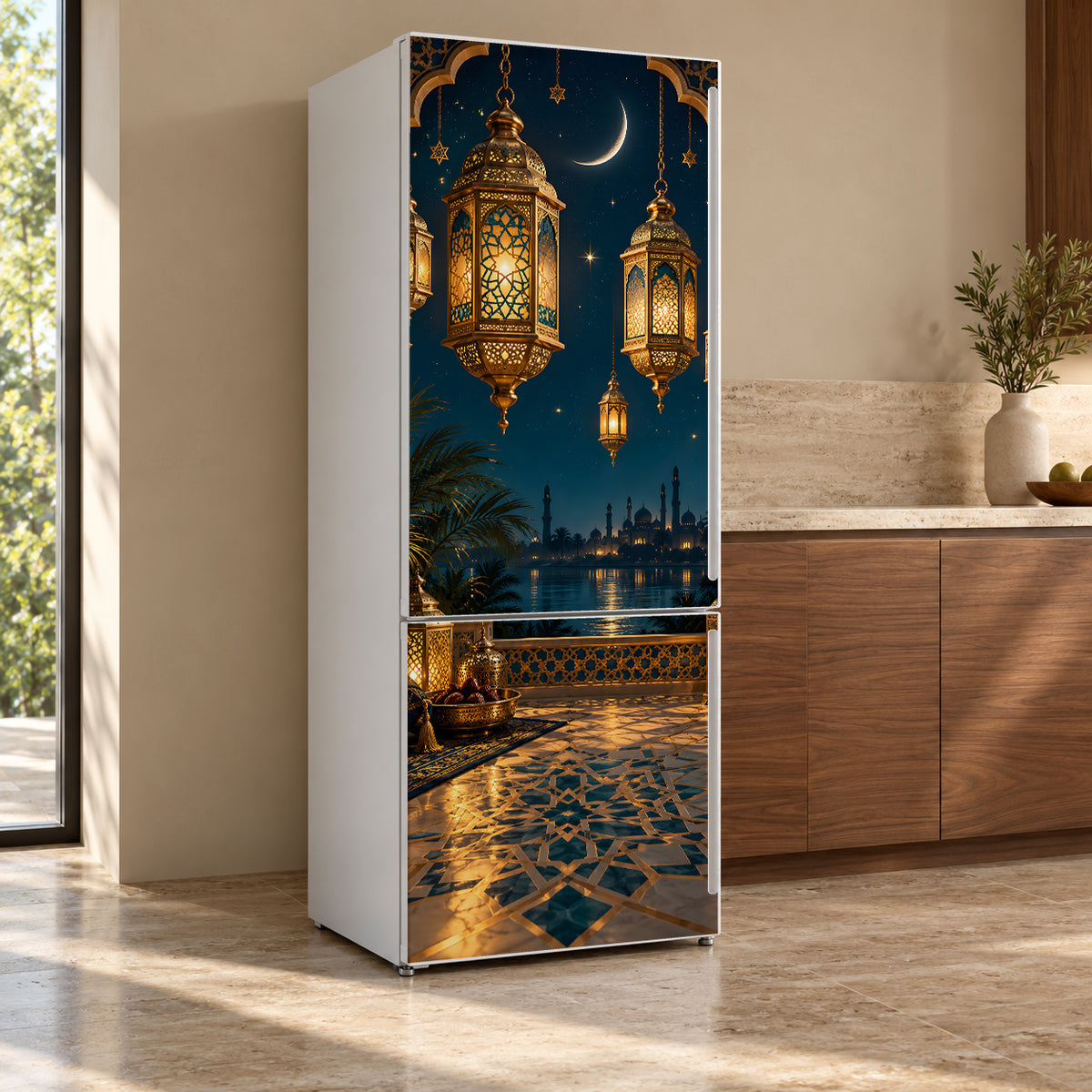 Ramadan Lanterns fridge wrap, refrigerator shown at an angle