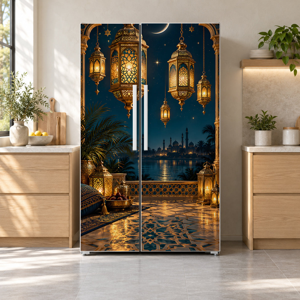 Ramadan Lanterns fridge wrap on a side-by-side refrigerator