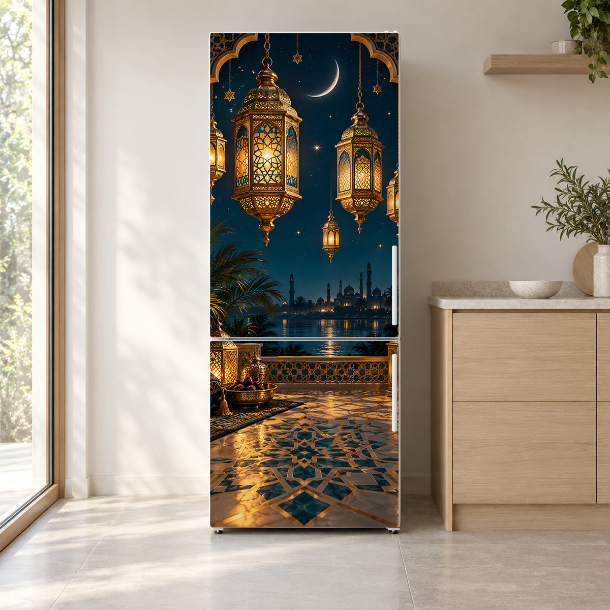 Ramadan Lanterns fridge wrap on a white refrigerator in a bright kitchen