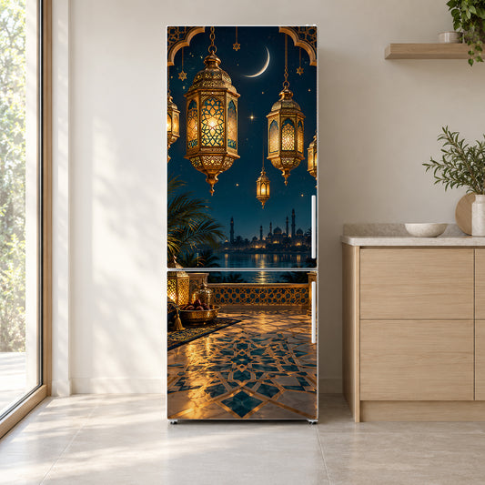 Ramadan Lanterns fridge wrap on a white refrigerator in a bright kitchen