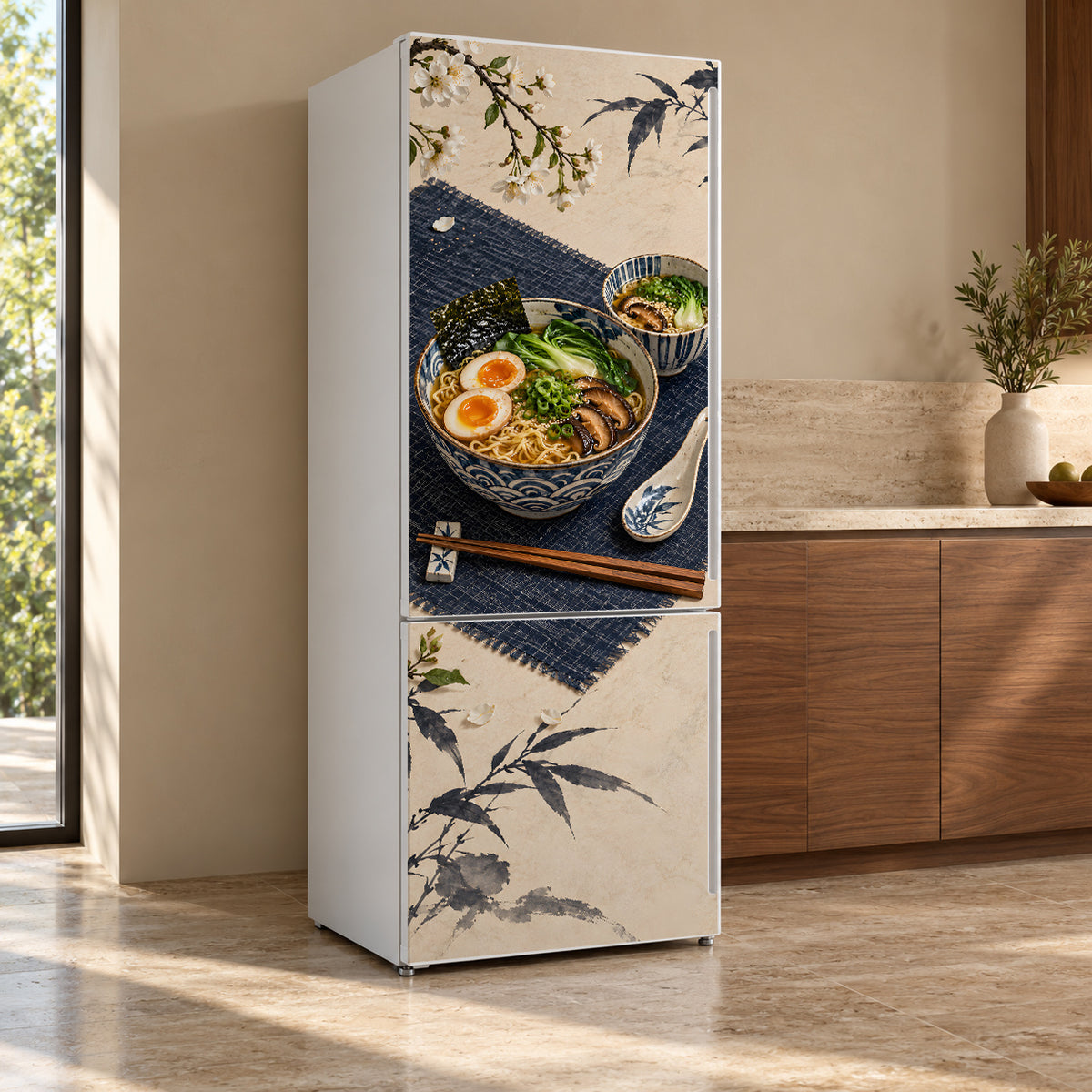 Ramen Bowls fridge wrap, refrigerator shown at an angle