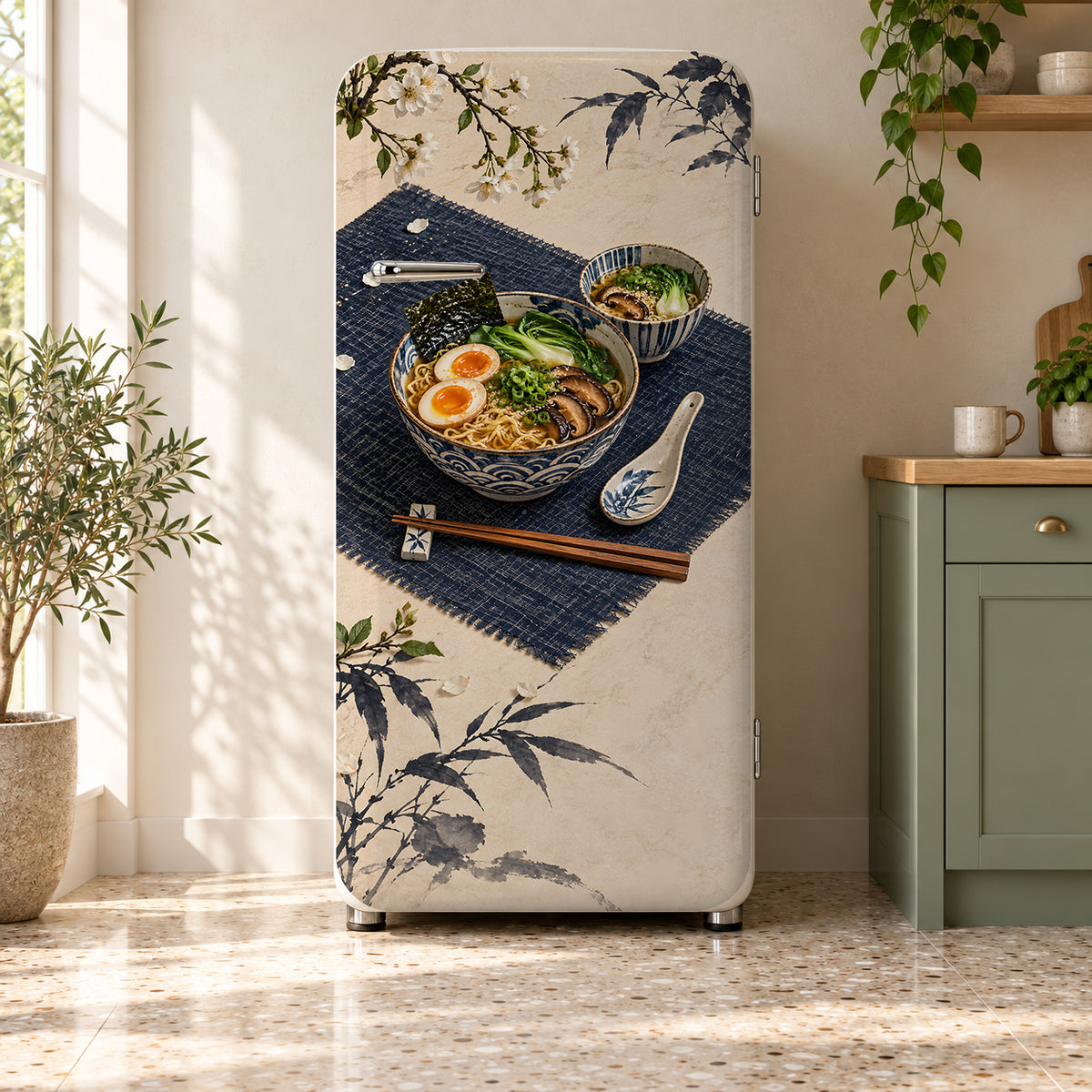 Ramen Bowls fridge wrap on a retro refrigerator