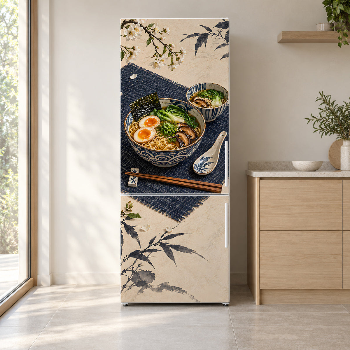 Ramen Bowls fridge wrap on a white refrigerator in a bright kitchen