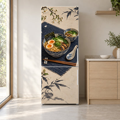 Ramen Bowls fridge wrap on a white refrigerator in a bright kitchen