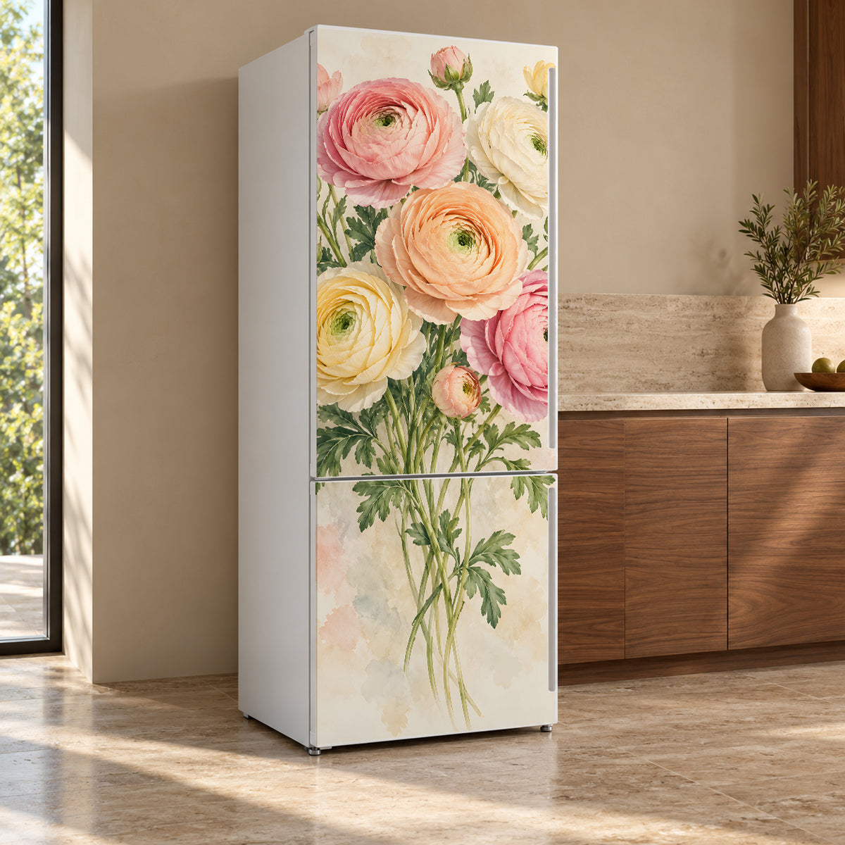 Ranunculus fridge wrap, refrigerator shown at an angle