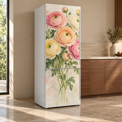 Ranunculus fridge wrap, refrigerator shown at an angle