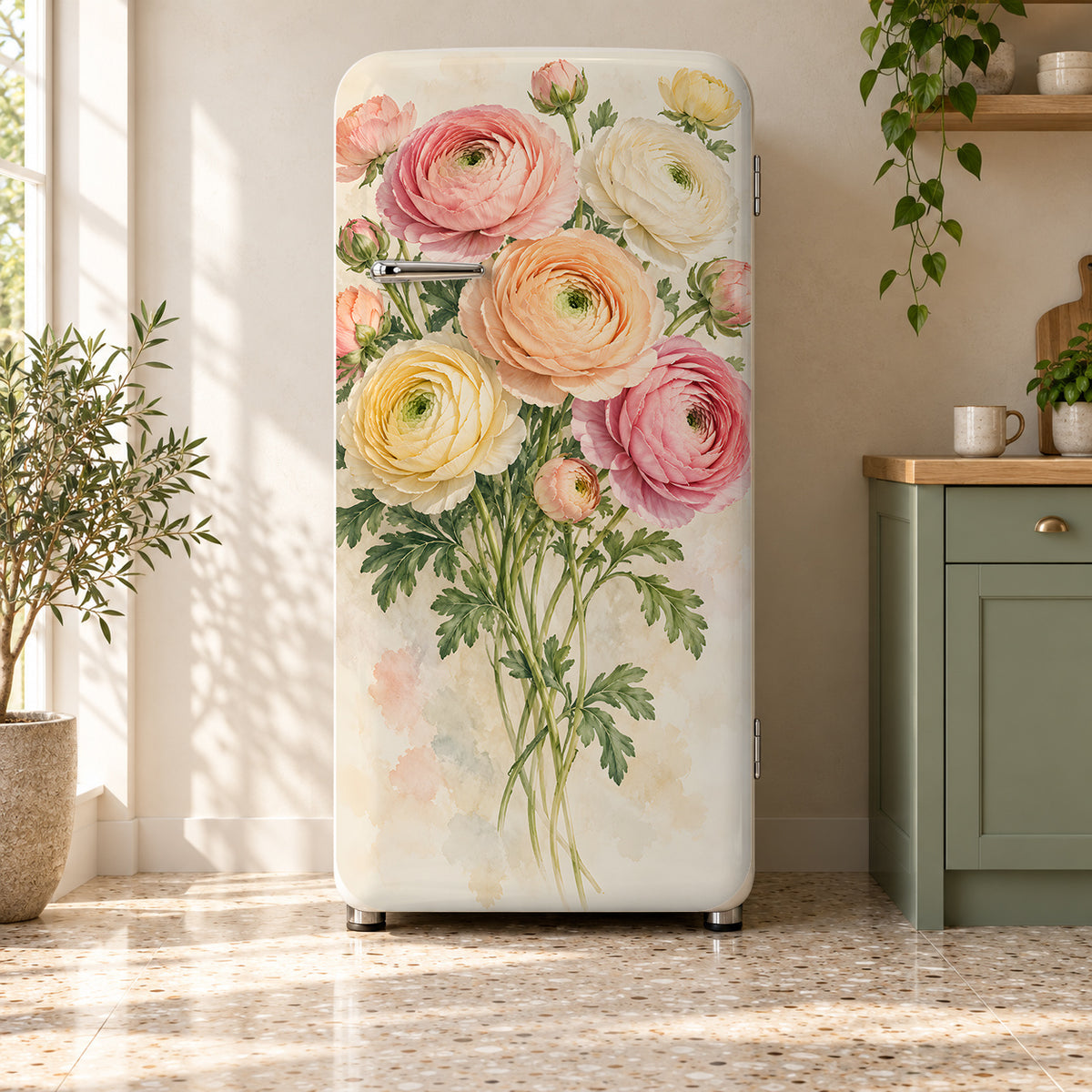 Ranunculus fridge wrap on a retro refrigerator