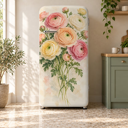Ranunculus fridge wrap on a retro refrigerator