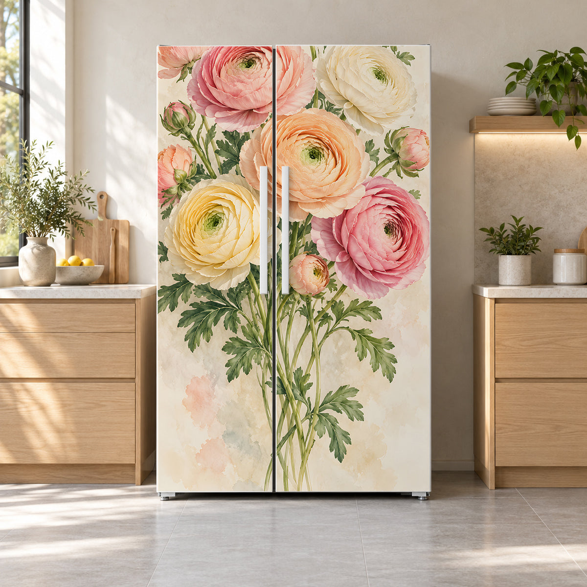 Ranunculus fridge wrap on a side-by-side refrigerator