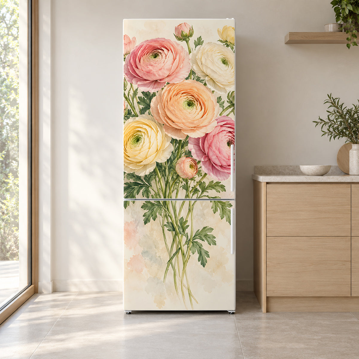 Ranunculus fridge wrap on a white refrigerator in a bright kitchen