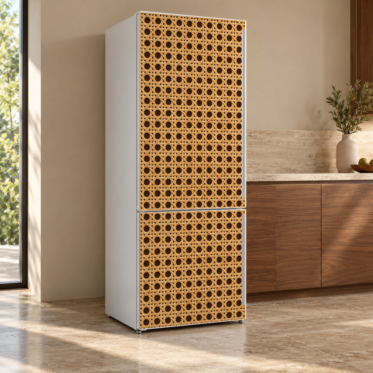 Rattan Cane fridge wrap, refrigerator shown at an angle