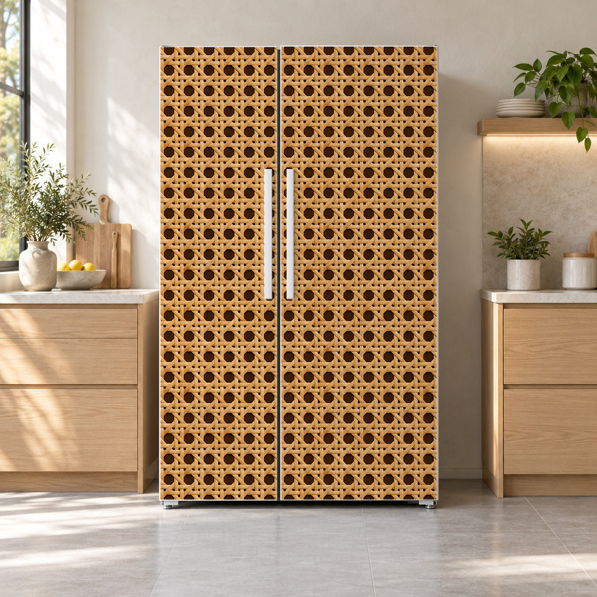 Rattan Cane fridge wrap on a side-by-side refrigerator