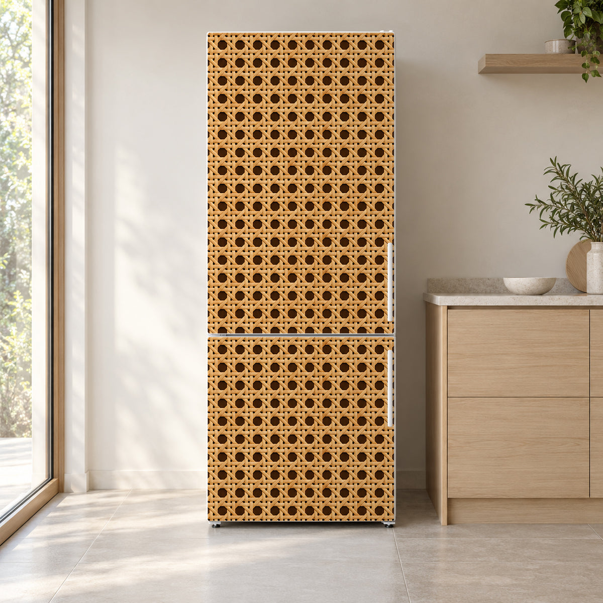 Rattan Cane fridge wrap on a white refrigerator in a bright kitchen