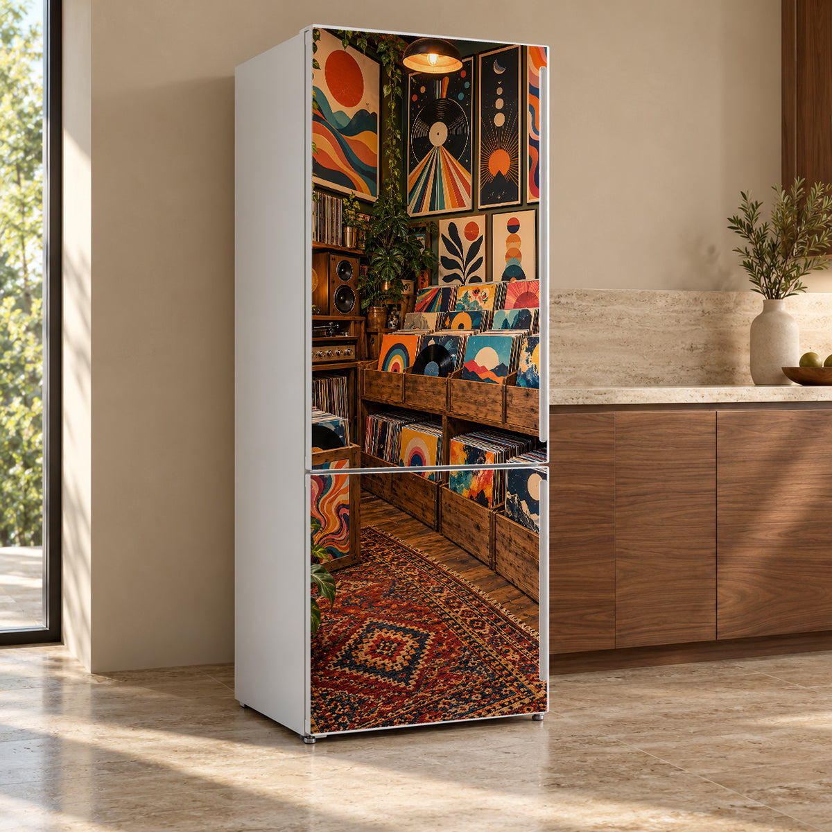 Record Store Crates fridge wrap, refrigerator shown at an angle