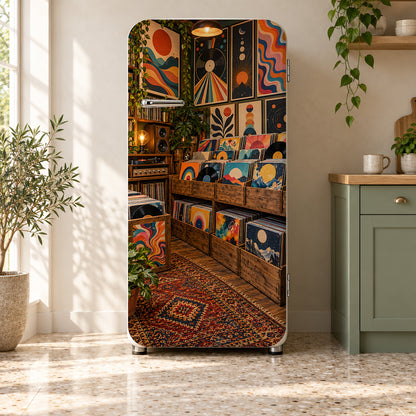 Record Store Crates fridge wrap on a retro refrigerator