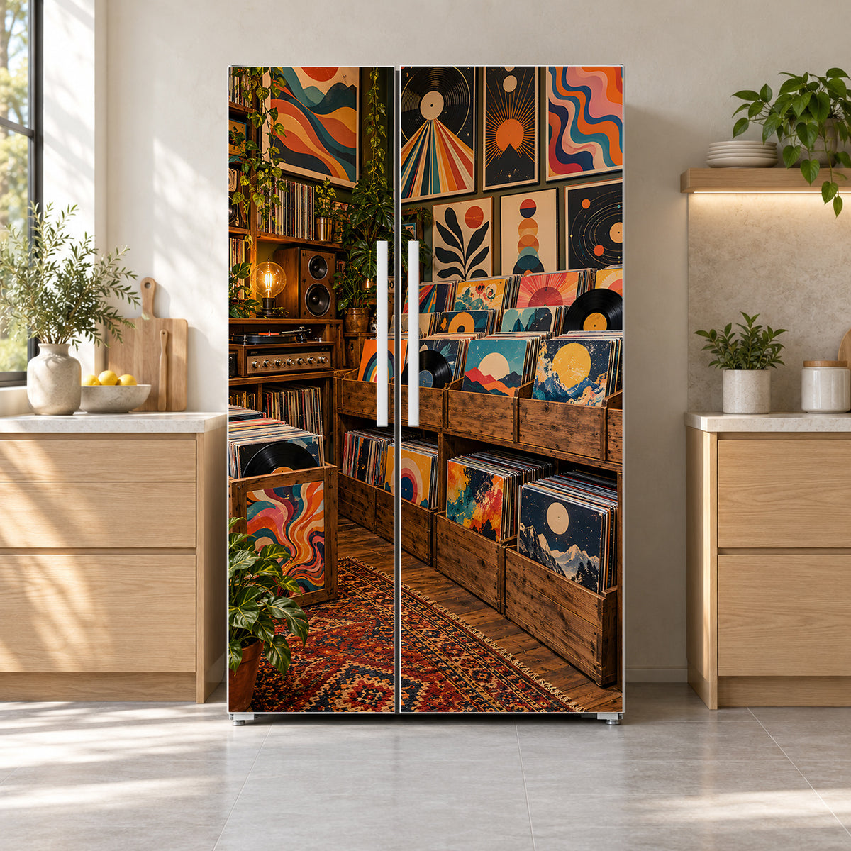 Record Store Crates fridge wrap on a side-by-side refrigerator