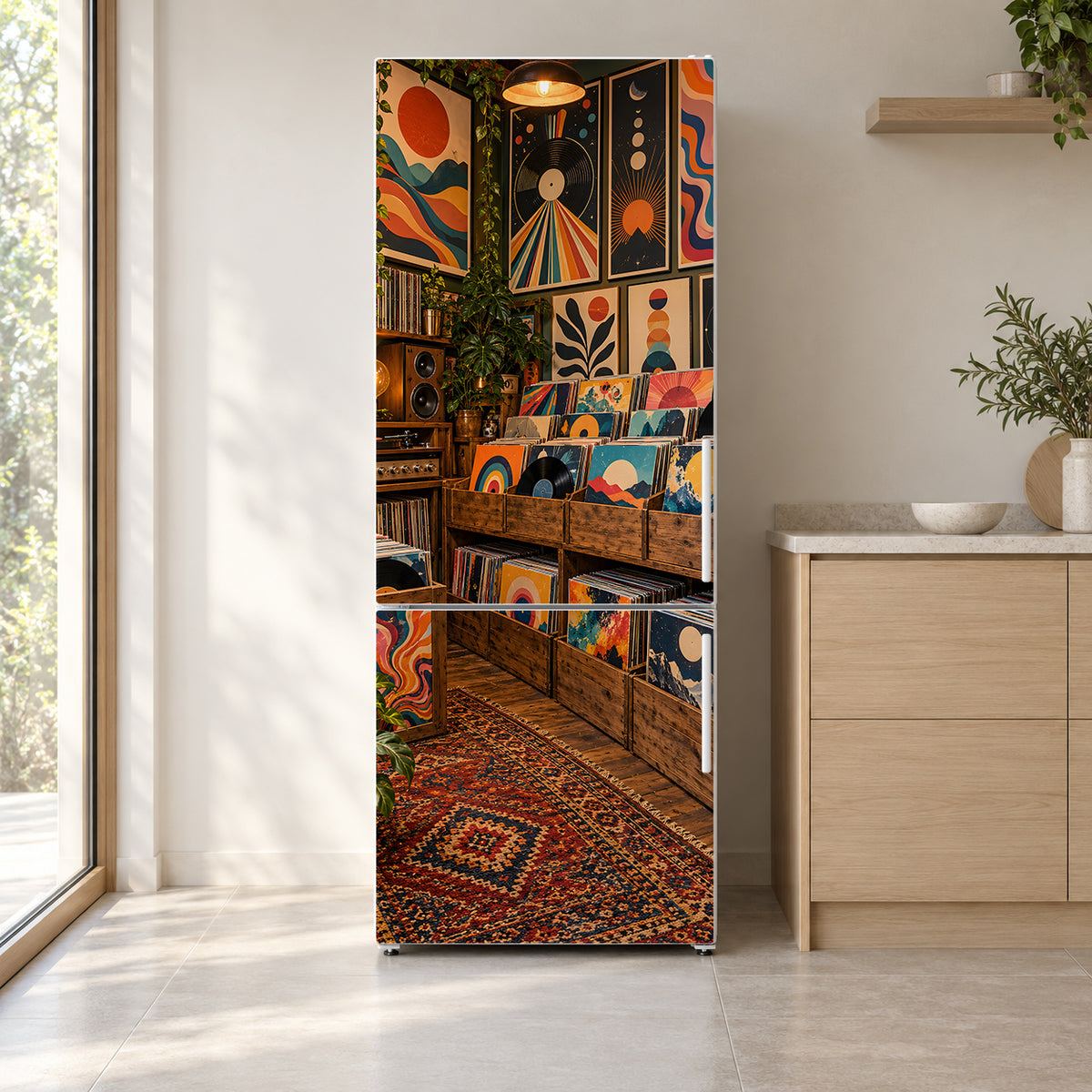 Record Store Crates fridge wrap on a white refrigerator in a bright kitchen