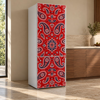 Red Bandana Paisley fridge wrap, refrigerator shown at an angle