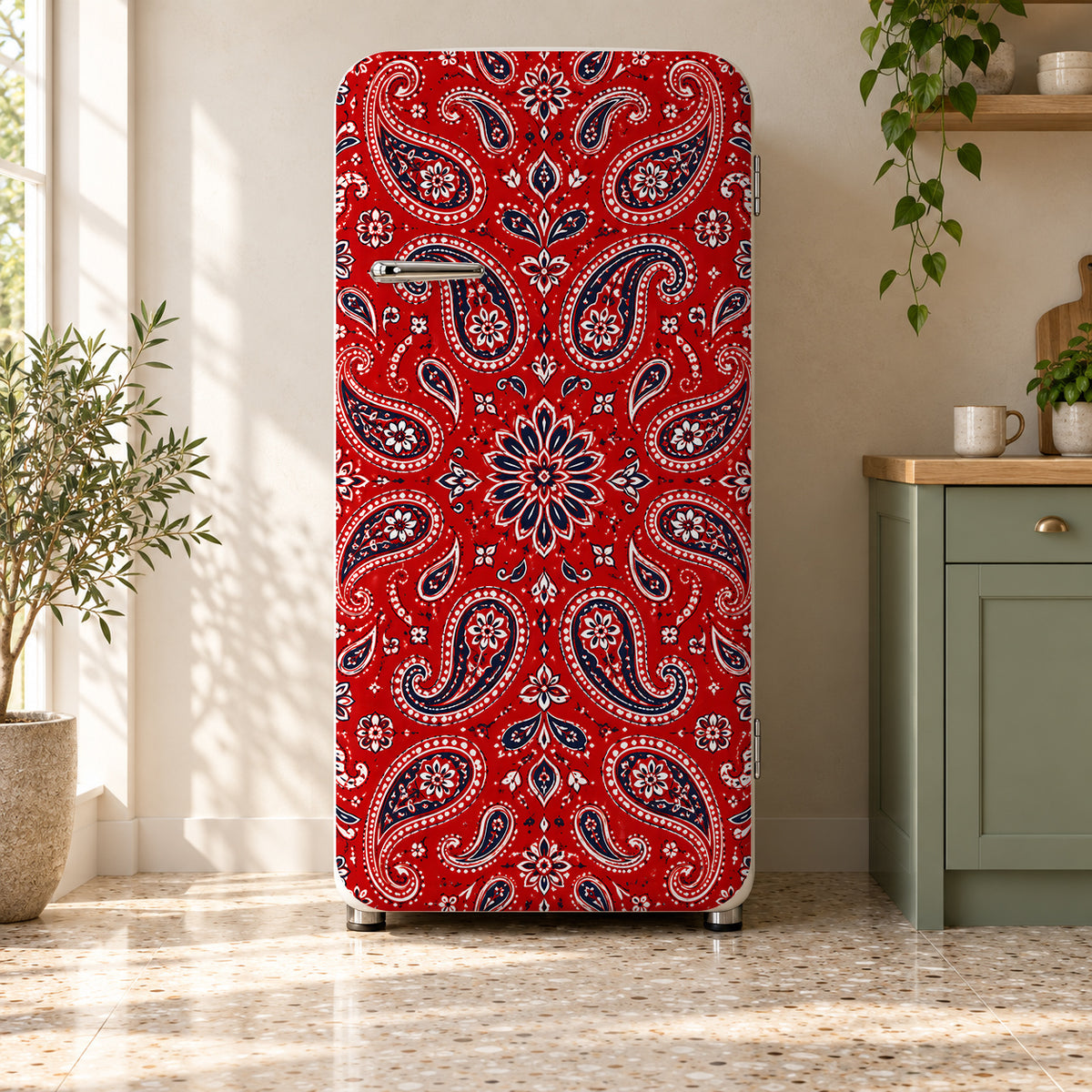 Red Bandana Paisley fridge wrap on a retro refrigerator
