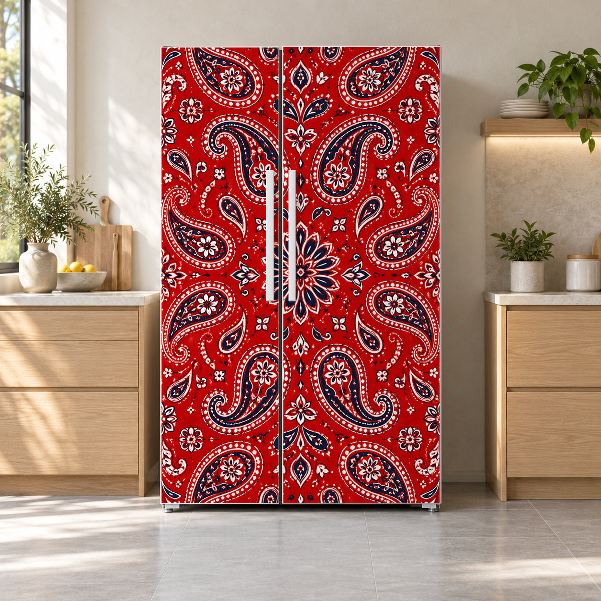 Red Bandana Paisley fridge wrap on a side-by-side refrigerator