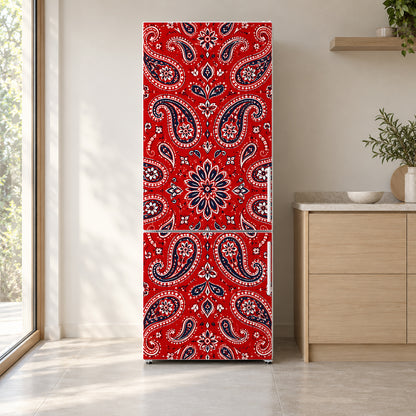 Red Bandana Paisley fridge wrap on a white refrigerator in a bright kitchen