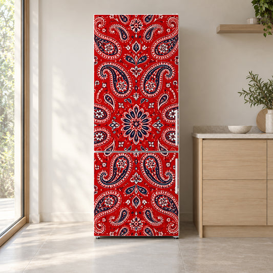 Red Bandana Paisley fridge wrap on a white refrigerator in a bright kitchen