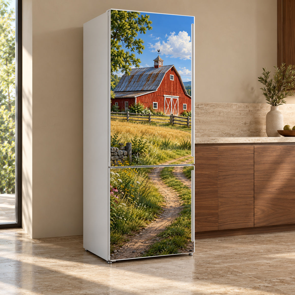 Red Barn fridge wrap, refrigerator shown at an angle