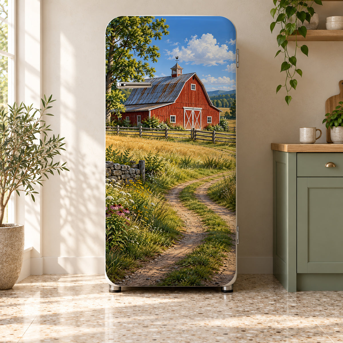 Red Barn fridge wrap on a retro refrigerator