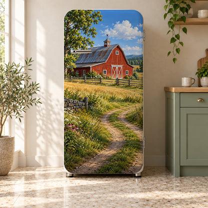 Red Barn fridge wrap on a retro refrigerator