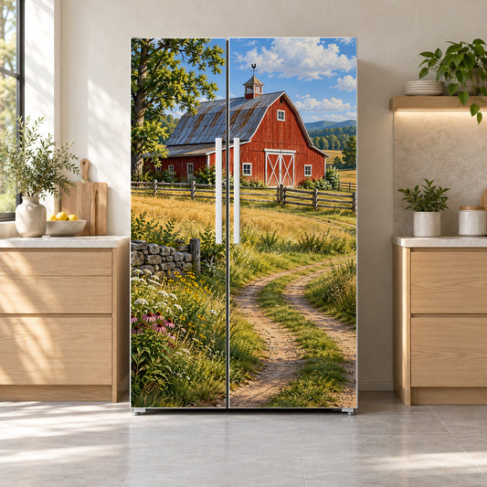 Red Barn fridge wrap on a side-by-side refrigerator
