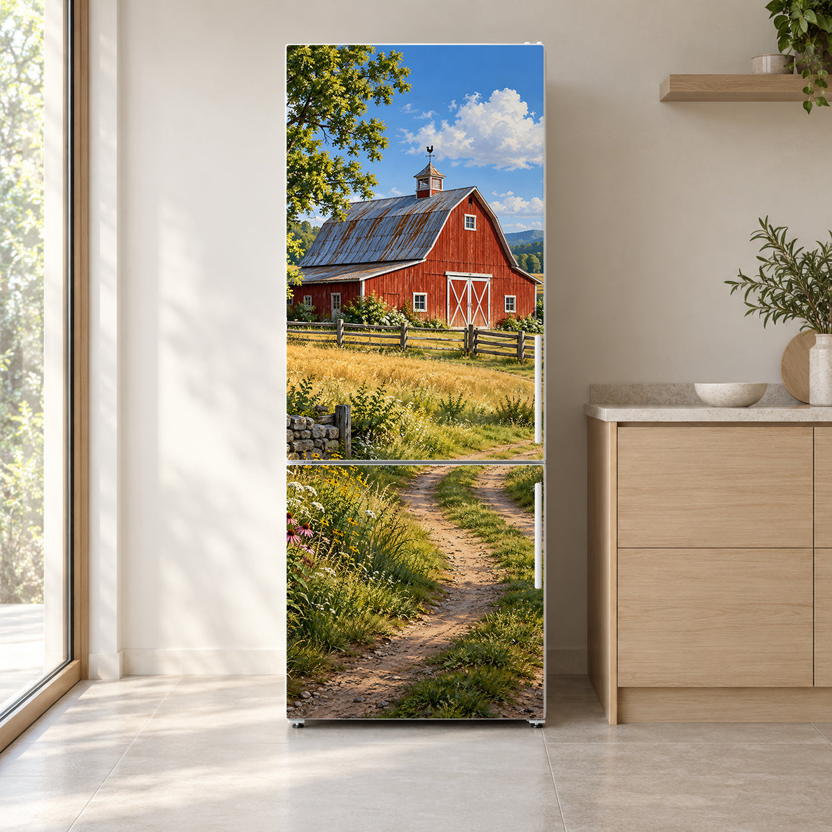 Red Barn fridge wrap on a white refrigerator in a bright kitchen