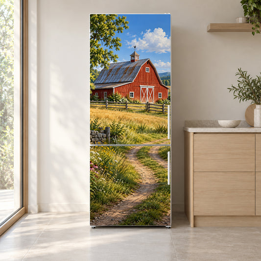 Red Barn fridge wrap on a white refrigerator in a bright kitchen